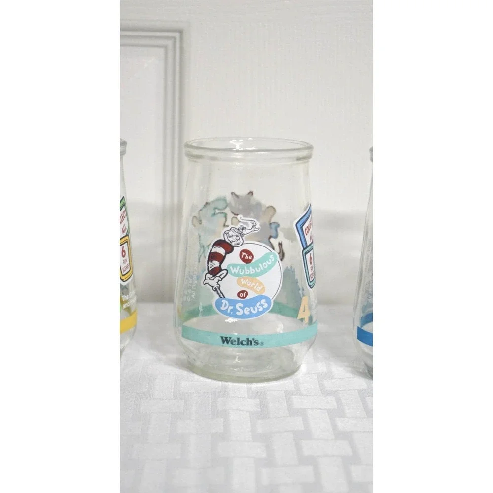 Vintage 1996 Welch Cat in The Hat Glass Jelly Jars, Complete Set of 6 Jars
